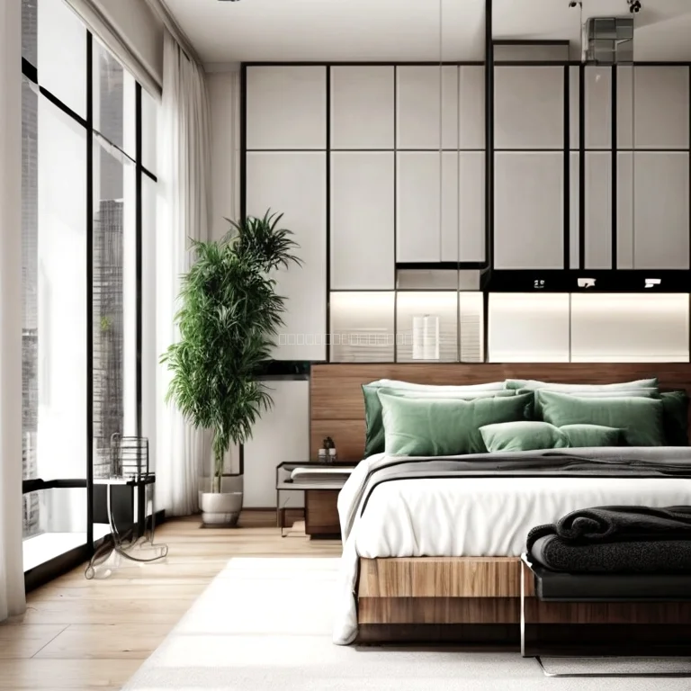 Modernes Schlafzimmer mit Stadtblick